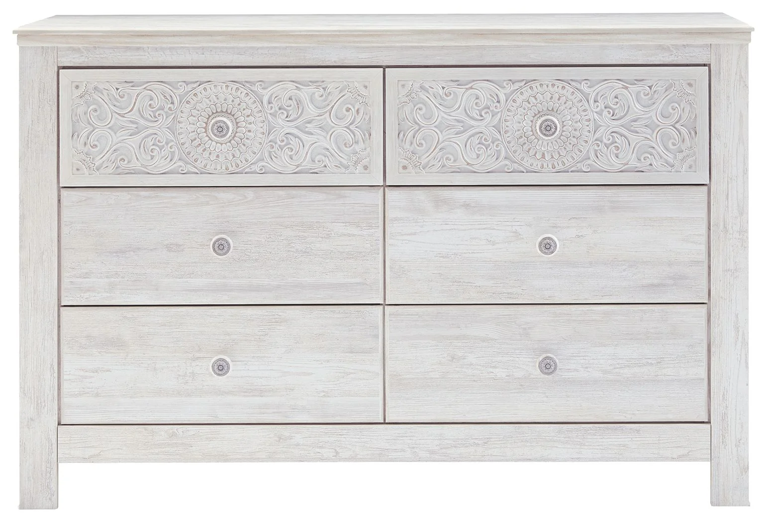 Paxberry - Six Drawer Dresser - Medallion Drawer Pulls - Whitewash - Image 4